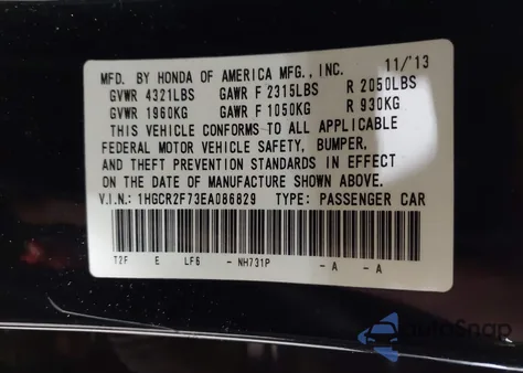 2014 Honda Accord Ex z USA, uszkodzony, nr VIN 1HGCR2F73EA086829